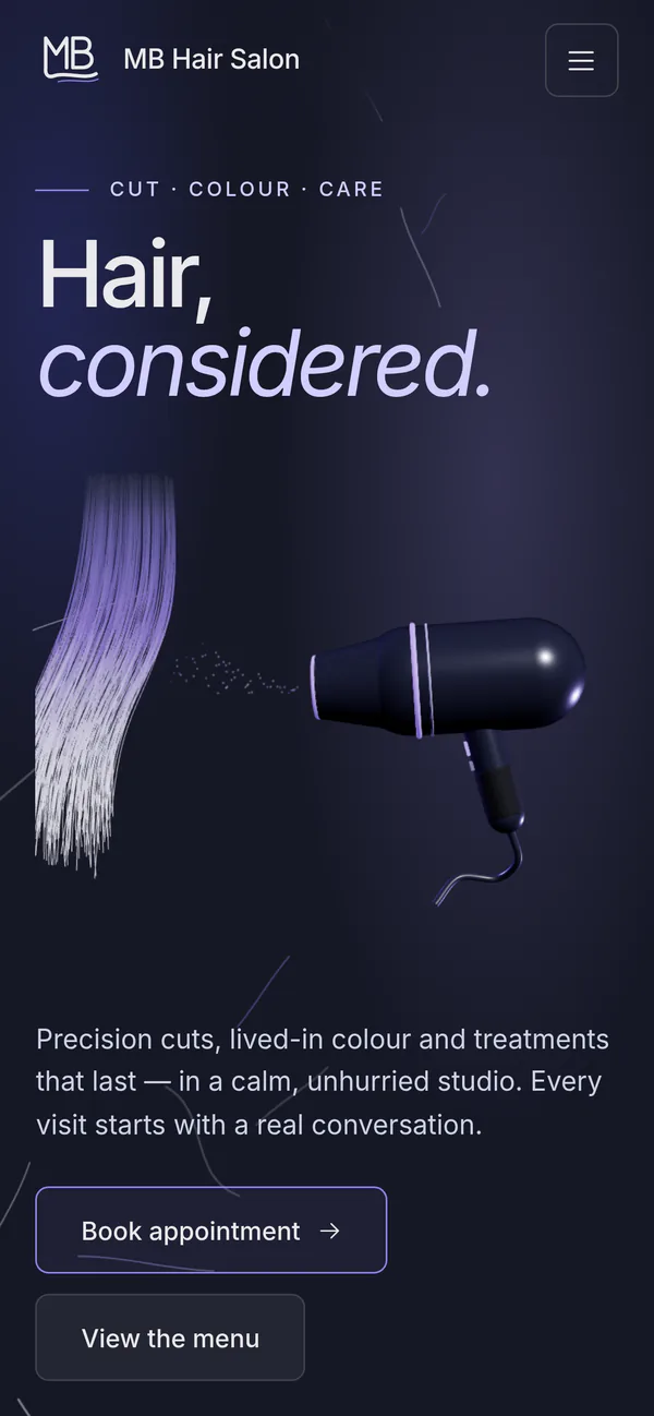 The MB Hair Salon website on a phone